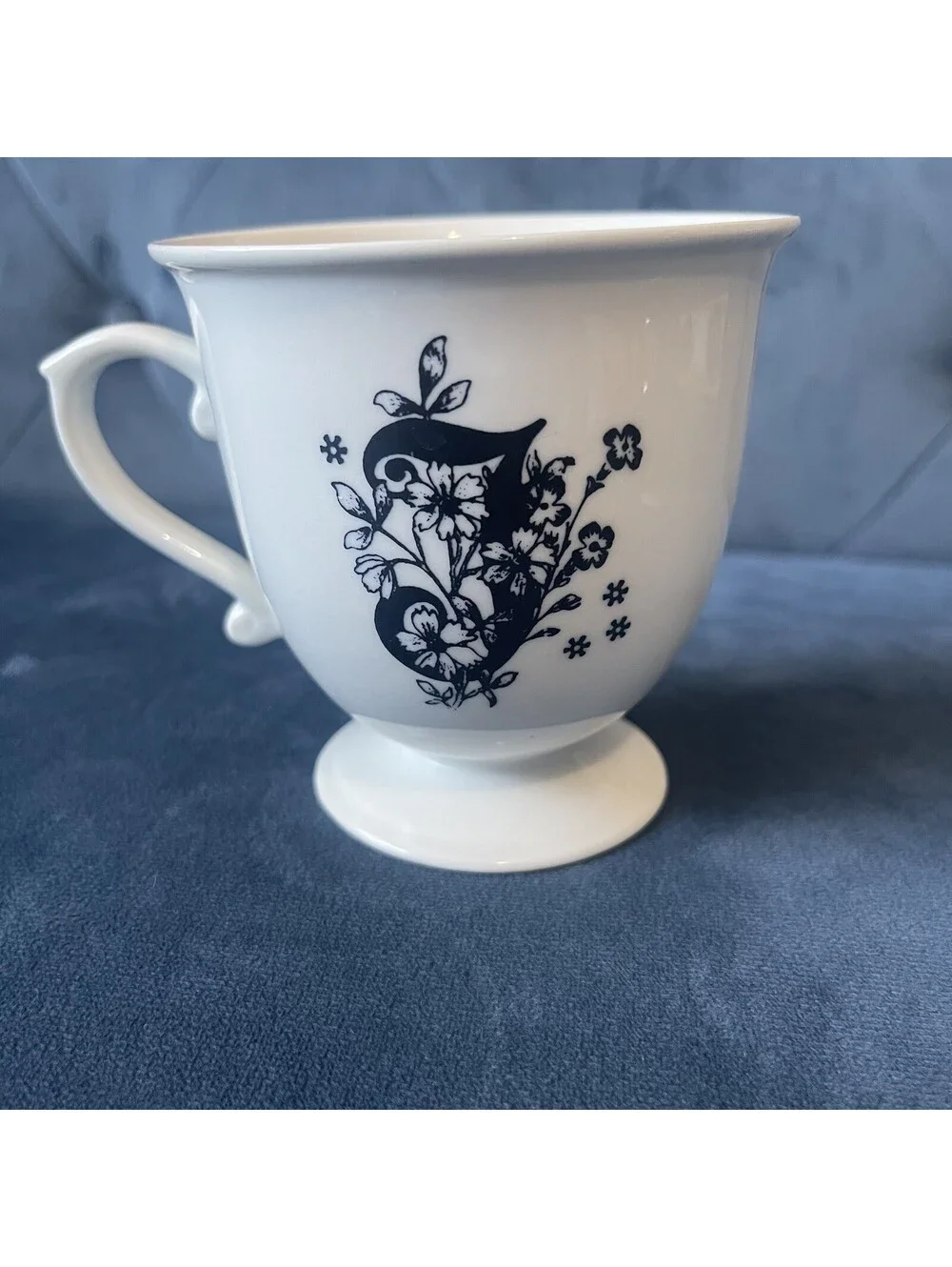 Anthropologie Pedestal Coffee Mug Tea Cup Initial J Black White Floral Fancy